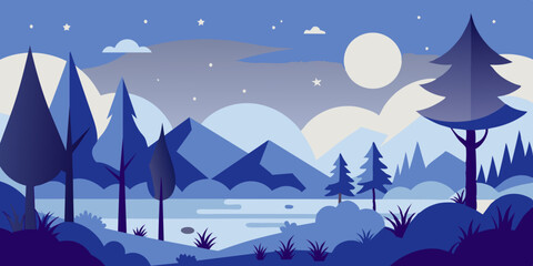 Nature's Nocturnal Beauty: Forest Night Scene Illustration.