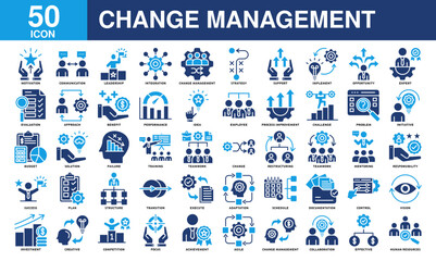 Change management icon collection set. Containing management, teamwork, business, leadership, mentoring, implement, employee icon. Simple color fill vector.