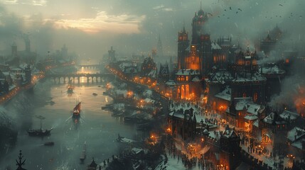 A Snowy Evening in a Medieval City With a River and Boats