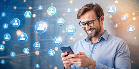 A man engaging with social media on his smartphone, surrounded by digital icons representing connectivity and communication in the modern world
