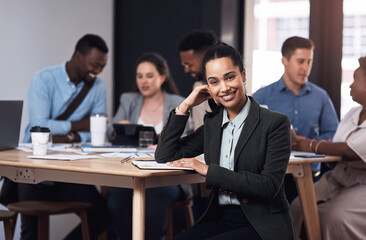 Businesswoman, portrait or smile in meeting for confidence, teamwork or collaboration in office. Planning, happy and proud female worker for feedback, paperwork and startup project for development