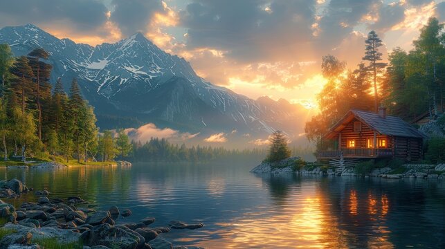 Golden hour sunlight illuminating a cozy wooden cabin reflecting in a pristine lake with a backdrop of snow capped mountains