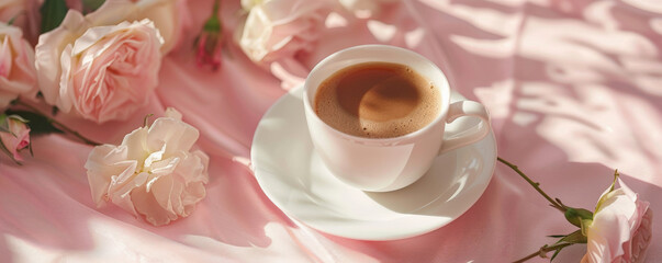 Mockup. Hot coffee on a light rose background, offering a romantic and delicate backdrop for your creative projects.