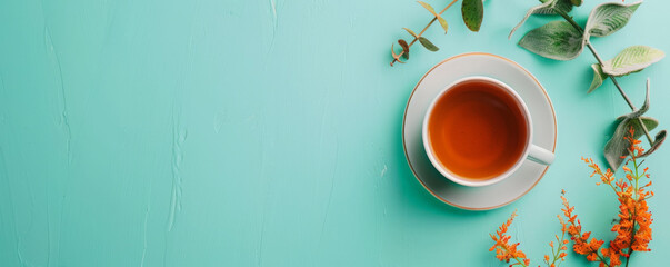 Mockup. Hot tea on a pale aqua background, offering a fresh and inviting backdrop for your creative projects.