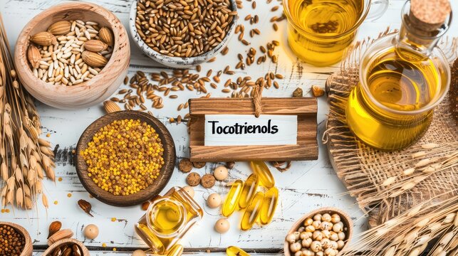 Tocotrienol capsules supplements on the table. Selective focus.