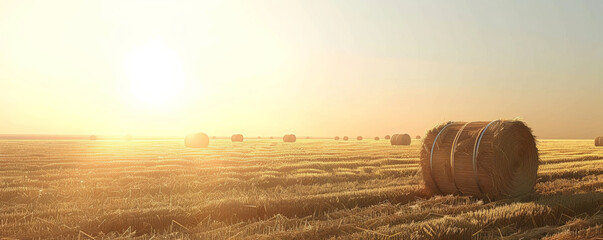 A sun-drenched agricultural field filled with cylindrical haystacks, against the backdrop of a clear and cloudless sky.