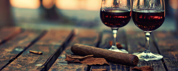 Two glasses of port wine and a cigar on a wooden table. Concept Port Wine, Cigar, Wooden Table, Relaxation, Enjoying Life.