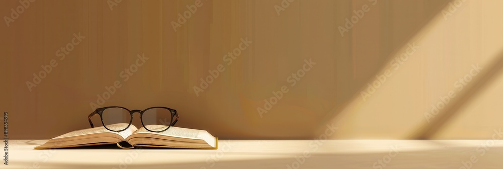 Leinwandbilder an open book rests on a table, with glasses laying on top of it. the light from a nearby window cast