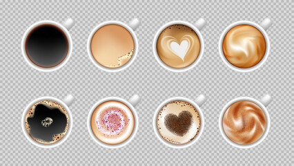 Coffee cup. Top view 3d isolated mugs. Hot aroma beverage with milk, espresso, black tea, cappuccino with heart foam decor. Realistic drink. Beverage menu icon on isolated background. Vector cafe
