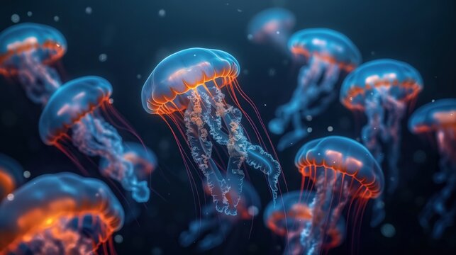 A group of bioluminescent jellyfish glowing with blue and orange lights underwater. The jellyfish have long tentacles and are floating in the dark ocean.