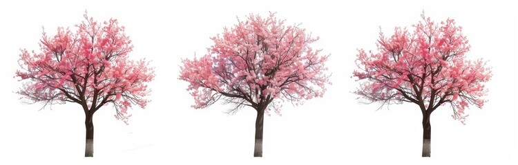 Three dimensional rendering of isolated pink blossoming trees on transparent backgrounds.