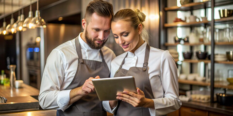 Two restaurant workers, wearing aprons, stand in the kitchen using a touchscreen tablet. They look focused and engaged in their task, with shelves of ingredients and kitchenware behind them