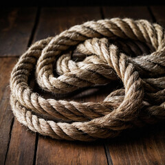 Obraz premium Brown rope coiled and twisted on a dark wooden background