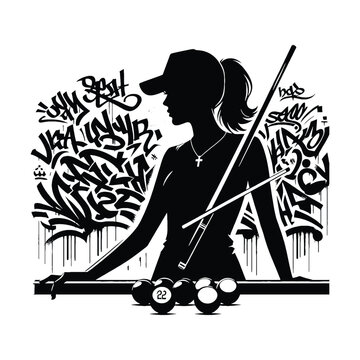 recommend clip art: Billiards, Snooker  female player in graffiti tags, street art pattern illustration, emblem shield badge