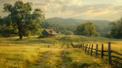 Dirt road is leading to a farmhouse in the countryside with a split rail fence and a large oak tree