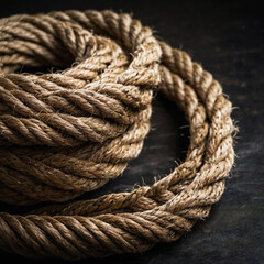 Fototapeta premium Coiled brown rope on a dark wooden surface with a blurred background