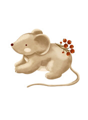 Watercolor cute mouse with viburnum on its back