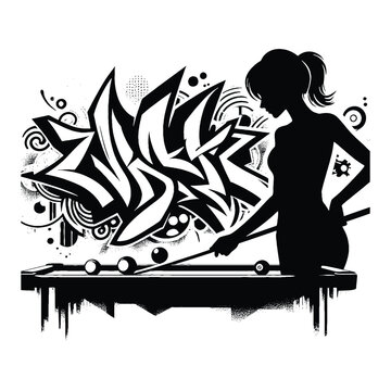 recommend clip art: Billiards, Snooker  female player in graffiti tags, street art pattern illustration, emblem shield badge