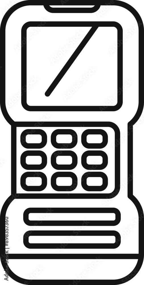 Poster electronic device with buttons and a screen displaying a diagonal line, representing communication a