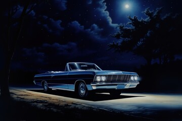 Blue vintage car night convertible vehicle.
