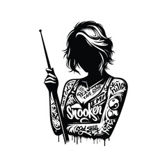 Billiards, Snooker  female player in graffiti tags, street art pattern illustration, emblem shield badge