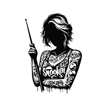 recommend clip art: Billiards, Snooker  female player in graffiti tags, street art pattern illustration, emblem shield badge