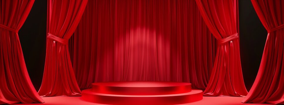 Stage podium background. 3D carnival light red show curtain. Circus platform stage podium tent theater arena sign vintage spotlight circle stand bulb ringmaster ring cirque cartoon party cinema.