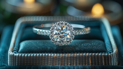 Close up of a diamond engagement ring sparkling in a teal ring box, capturing the anticipation and joy of a proposal