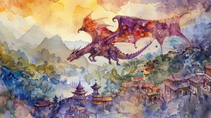 Majestic Fantasy Dragon Soaring over a Vibrant Watercolor Village with Dynamic Composition