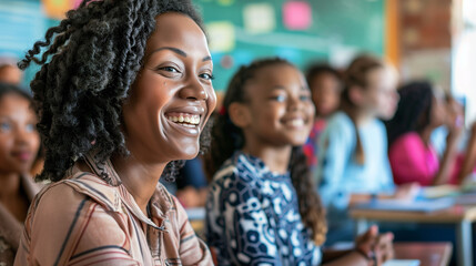 Fototapeta premium Smiling teacher providing personalized feedback in a classroom setting