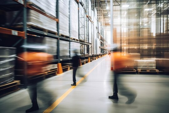 Workers walking in warehouse architecture motion adult. .