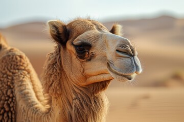 Close-up of a camel's face in a serene desert setting, showcasing the animal's unique features against the sandy dunes.
