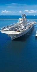 Portrait war ship Nuclear Navy ship at sunrise, Military navy carrier full loading fighter jet...