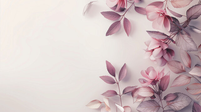 Pink flowers and leaves on a white background with copy space