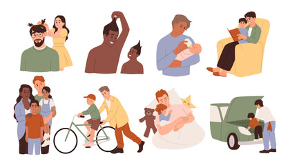 Father with kid. Family leisure. Dads day. Parent playing together with son and daughter. Happy children joy. Read book. Man feeding baby. Games and daddy parenting. Vector fatherhood concepts set