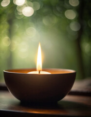 Candle burns in dish with wisp of smoke rising from flame. Background is soft, blurred green, suggesting natural outdoor setting. Warm glow of candle and peaceful scene create sense of tranquility.