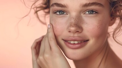 Obraz premium Captivating Close-Up of a Beautiful Woman with Glowing Skin and Soft Lips