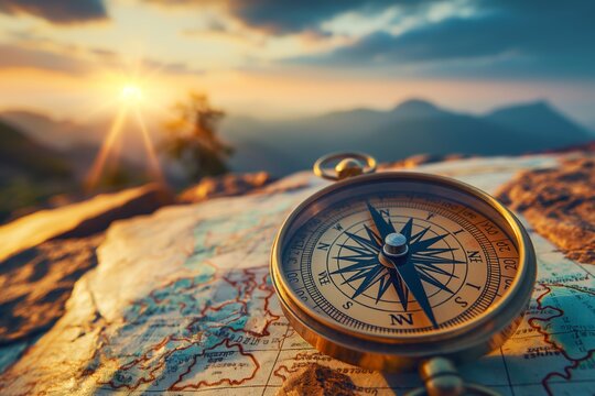Vintage compass on map with mountain sunset in background