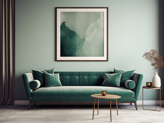 an elegant living room with a dark sofa and poster