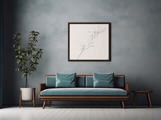 an elegant living room with a dark sofa and poster
