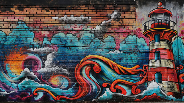 Pop art comic street graffiti with a Lighthouse brick wall.