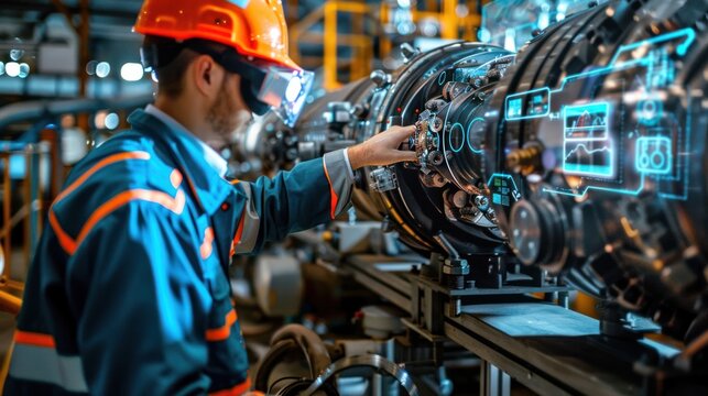 Engineer using augmented reality to inspect industrial machinery, illustrating AR applications in industry