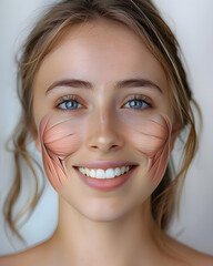 Fototapeta premium Frontal view of a young woman smiling, half of his face showing internal muscles anatomy