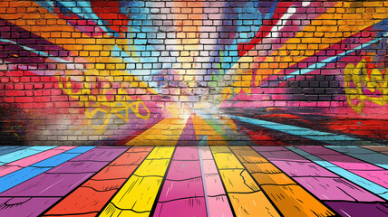 Fototapeta premium Stage Glitter Glamor Luxury Awards pop art comic street graffiti with brick wall. Pop art concept, Copy paste area for text and brand