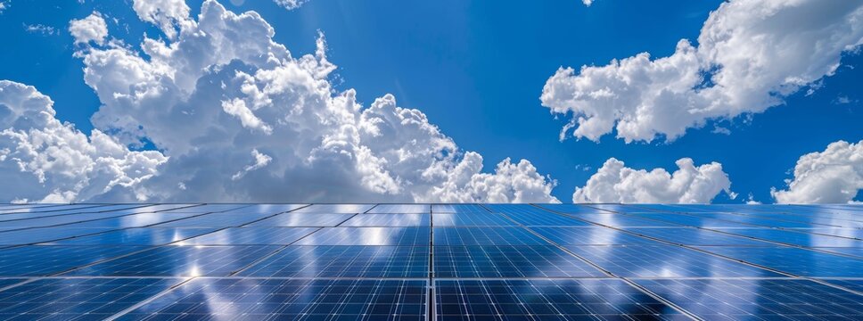 An eco-friendly building panel solar energy photovoltaic power roof area sun cell system. Solar panel future engineering technology ecology sunset nature station sky light project.