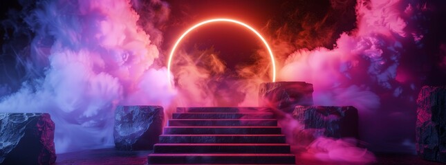 Tech technology background portal circle cyberpunk effect digital. Light blue futuristic abstract data concept neon 3D podium hologram futuristic futuristic data.