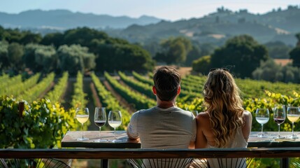 Couple enjoying a wine tasting tour, savoring different wines in a picturesque vineyard
