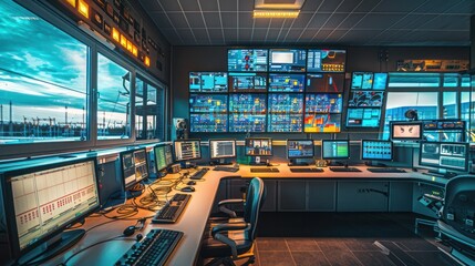 Control room in a power plant, filled with monitors and control panels