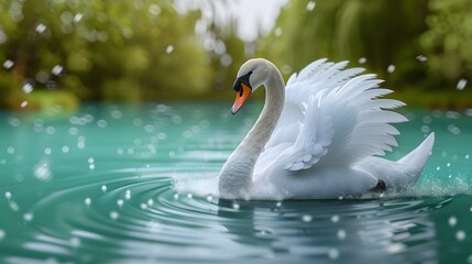 Majestic White Swan Gracefully Gliding Across a Serene Mint Green Pond with Clarity