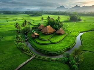 Peasant village surrounded by lush paddy fields, peasant village paddy, community and nature